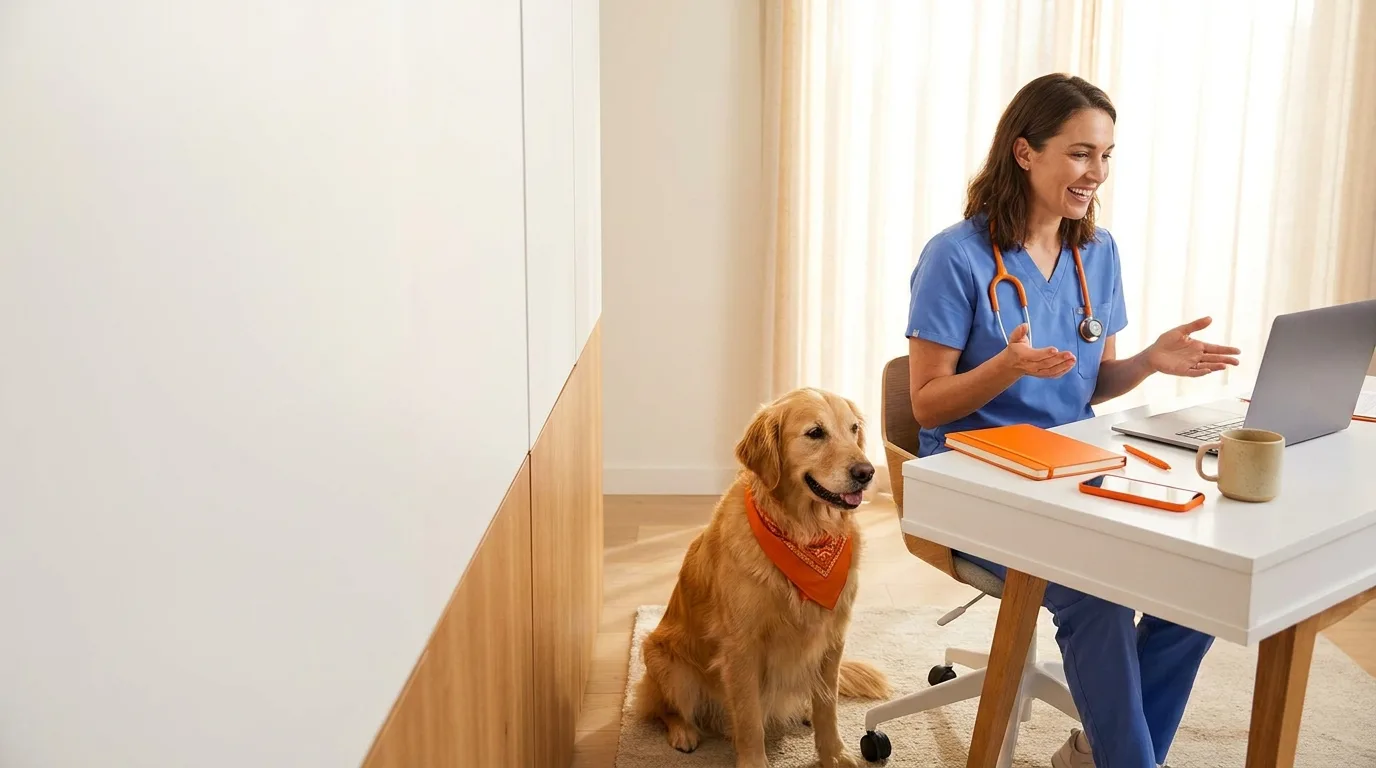 A veterinarian in scrubs running a telehealth video consult with a golden retriever